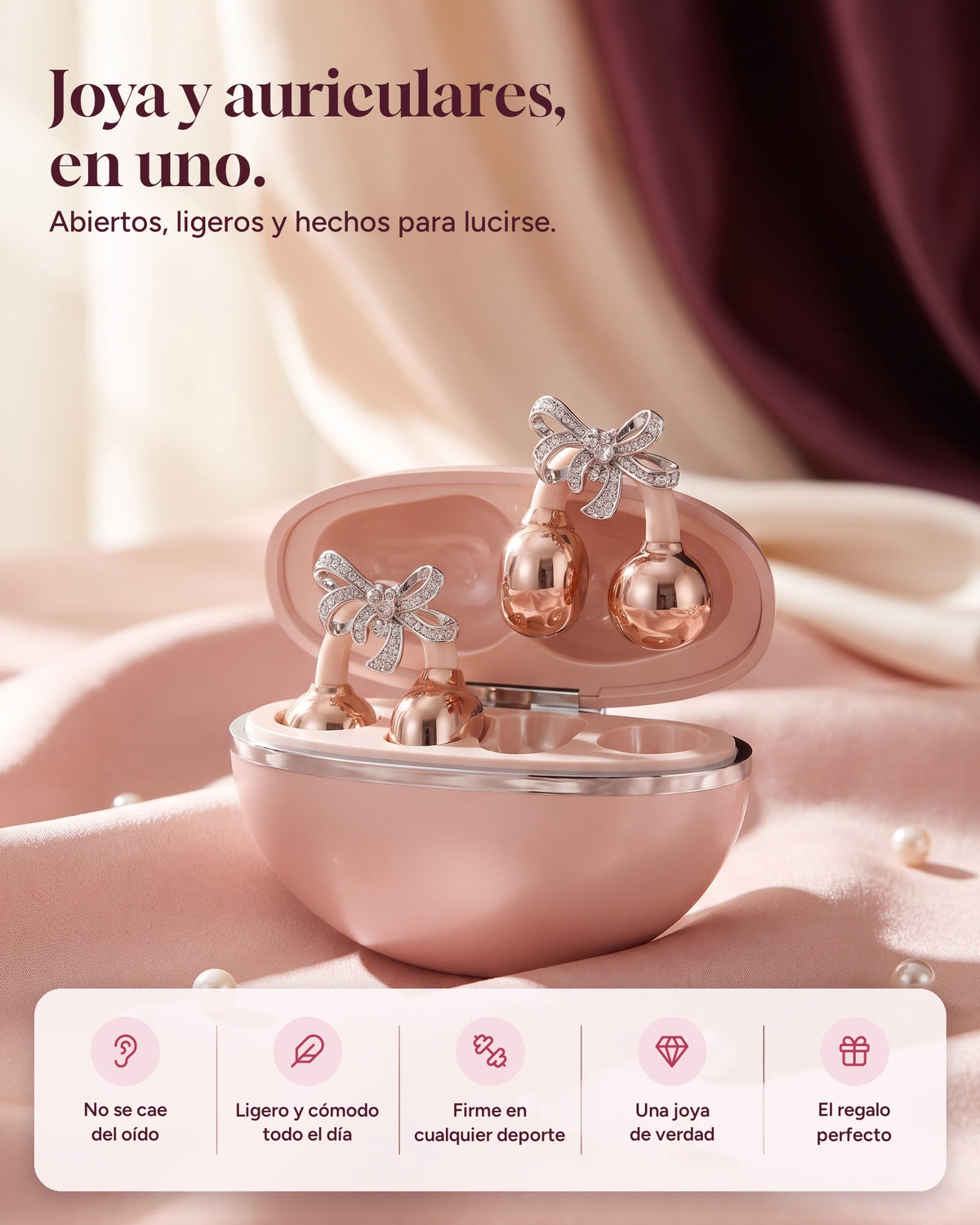Nacary clip-on earbuds in Rosé in the open charging case, with the key benefits