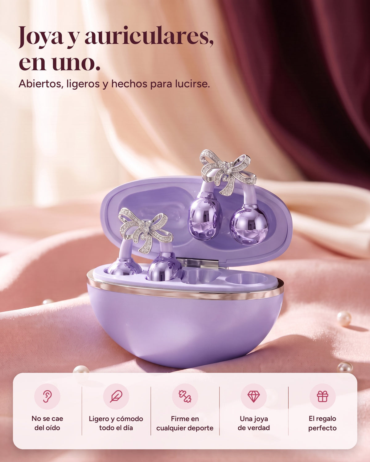 Nacary clip-on earbuds in Lilac in the open charging case, with the key benefits