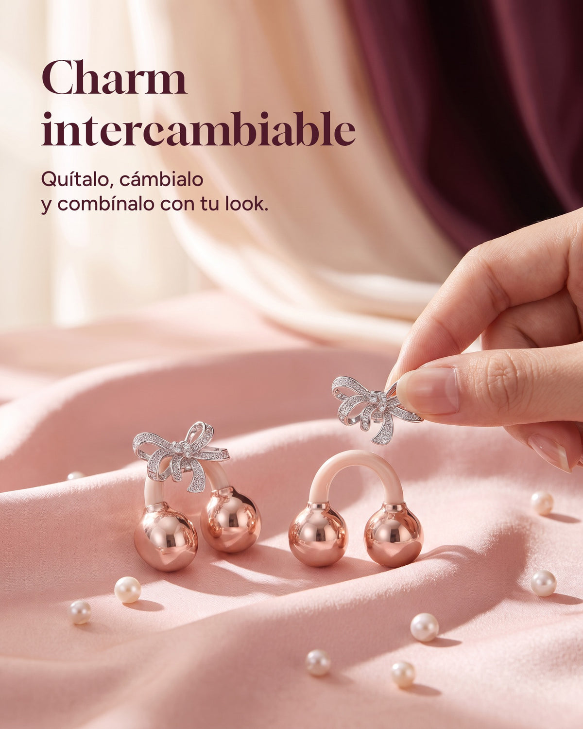 Clipping the detachable crystal bow charm onto a Nacary earbud
