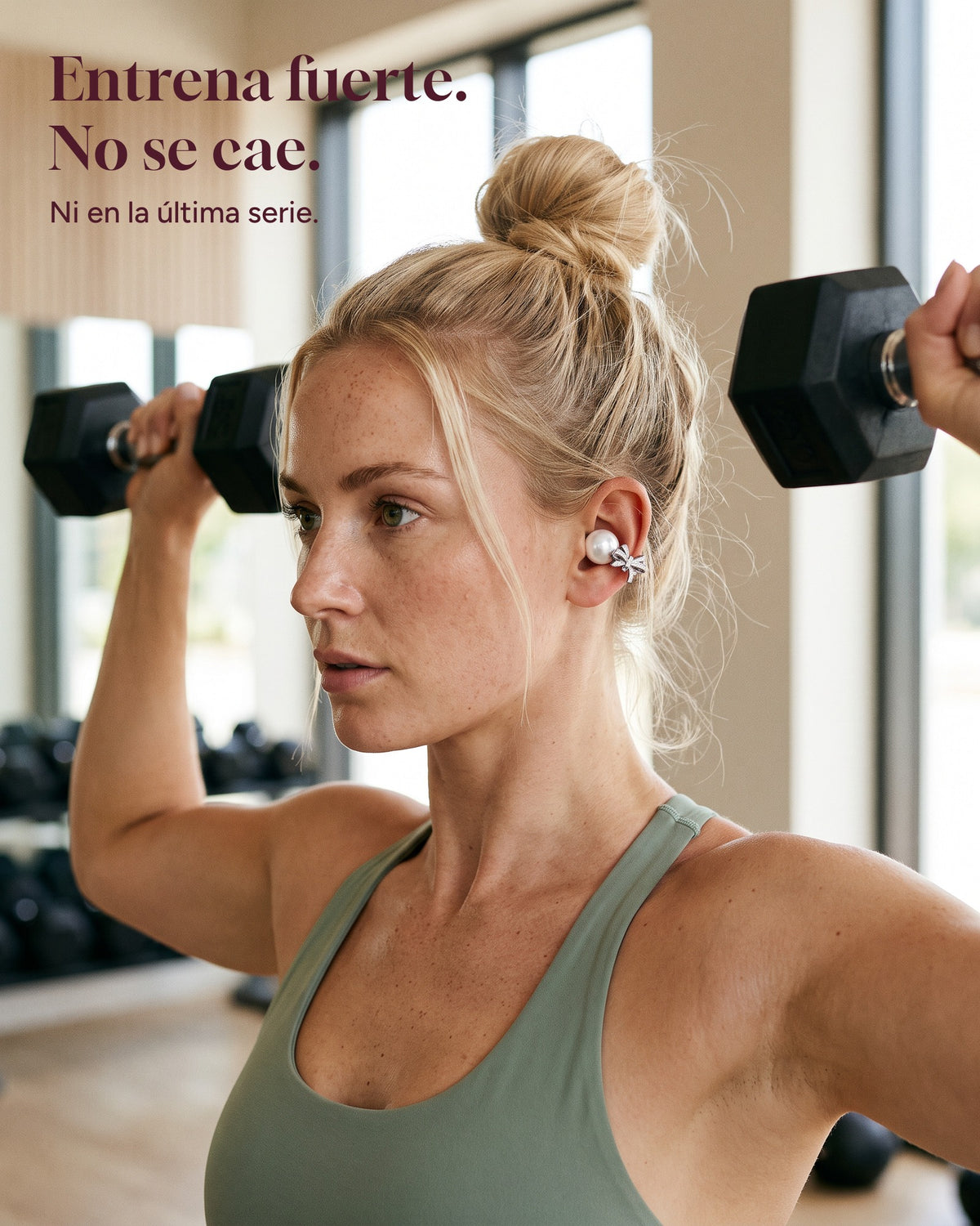 Woman lifting dumbbells wearing Nacary earbuds in Pearl
