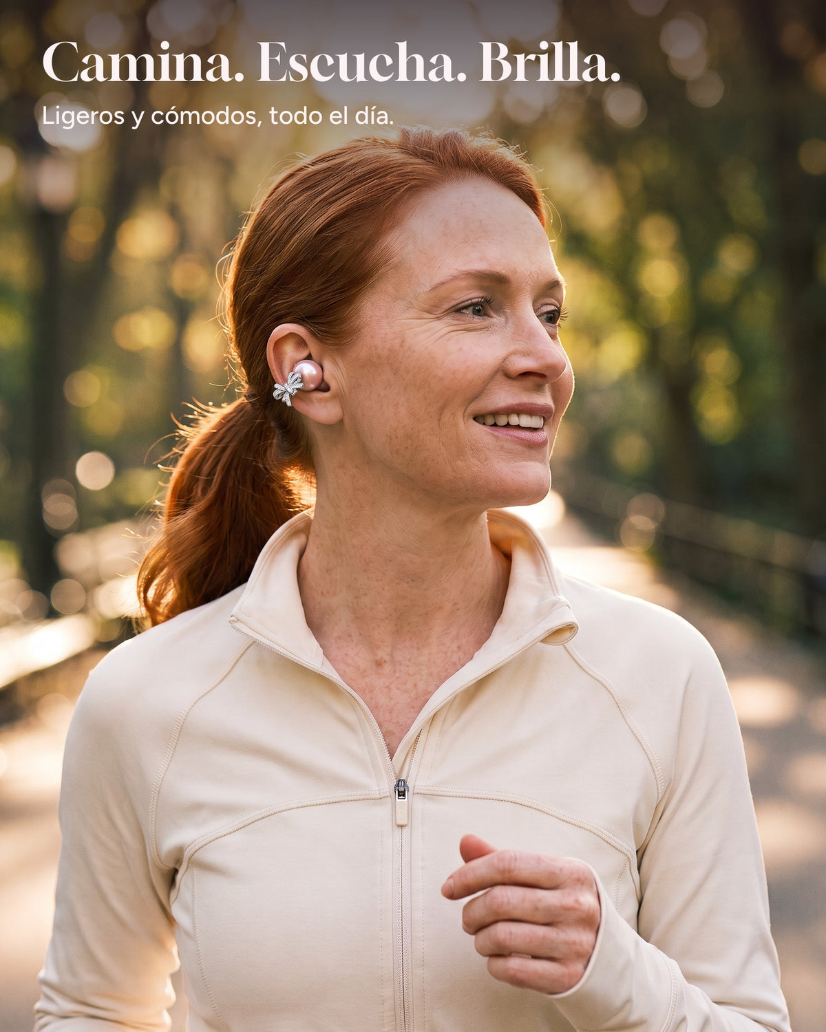Woman power-walking in a park wearing Nacary earbuds in Rosé
